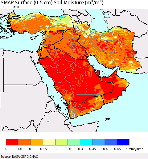 Middle East and Turkey SMAP Surface (0-5 cm) Soil Moisture (m³/m³) Thematic Map For 7/11/2021 - 7/15/2021