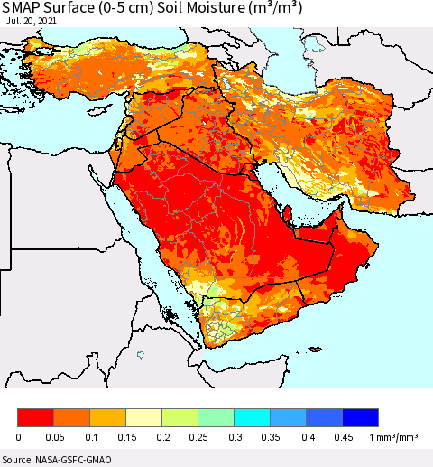 Middle East and Turkey SMAP Surface (0-5 cm) Soil Moisture (m³/m³) Thematic Map For 7/16/2021 - 7/20/2021