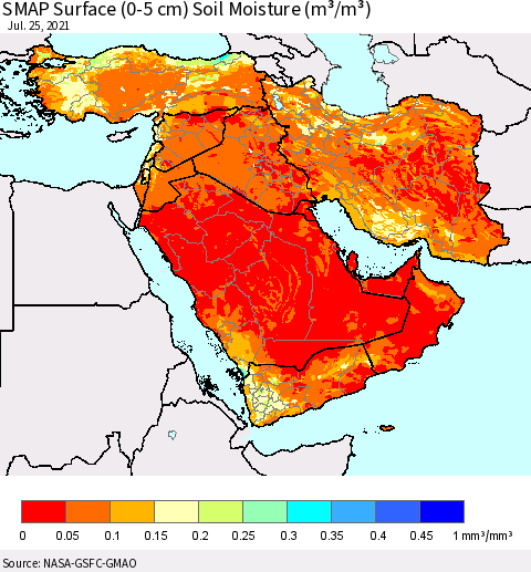 Middle East and Turkey SMAP Surface (0-5 cm) Soil Moisture (m³/m³) Thematic Map For 7/21/2021 - 7/25/2021