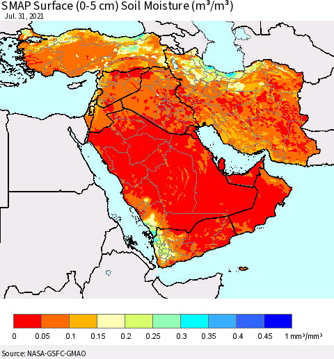 Middle East and Turkey SMAP Surface (0-5 cm) Soil Moisture (m³/m³) Thematic Map For 7/26/2021 - 7/31/2021