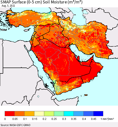 Middle East and Turkey SMAP Surface (0-5 cm) Soil Moisture (m³/m³) Thematic Map For 8/1/2021 - 8/5/2021