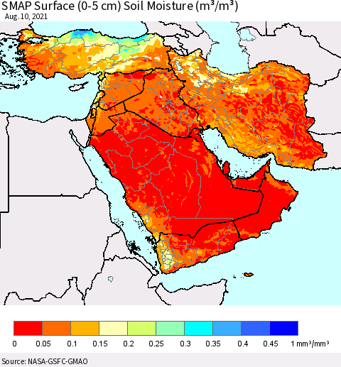 Middle East and Turkey SMAP Surface (0-5 cm) Soil Moisture (m³/m³) Thematic Map For 8/6/2021 - 8/10/2021