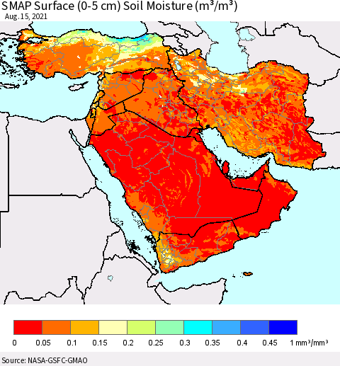 Middle East and Turkey SMAP Surface (0-5 cm) Soil Moisture (m³/m³) Thematic Map For 8/11/2021 - 8/15/2021