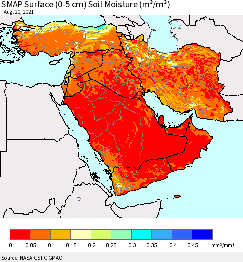 Middle East and Turkey SMAP Surface (0-5 cm) Soil Moisture (m³/m³) Thematic Map For 8/16/2021 - 8/20/2021