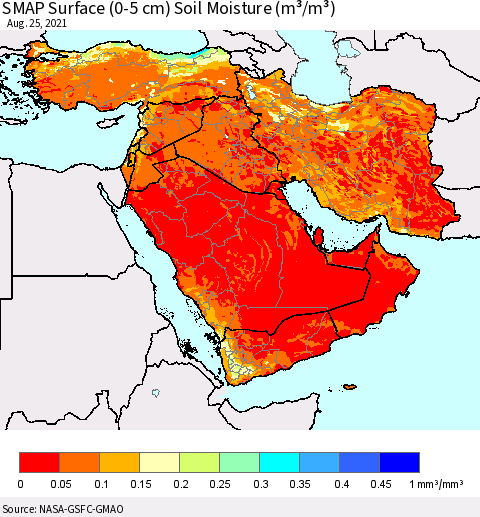 Middle East and Turkey SMAP Surface (0-5 cm) Soil Moisture (m³/m³) Thematic Map For 8/21/2021 - 8/25/2021