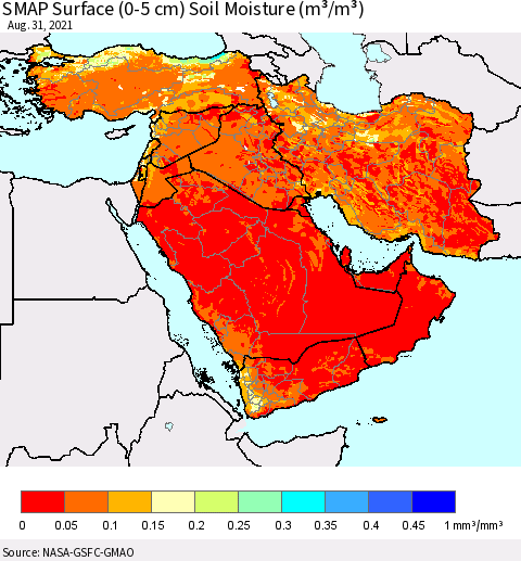 Middle East and Turkey SMAP Surface (0-5 cm) Soil Moisture (m³/m³) Thematic Map For 8/26/2021 - 8/31/2021