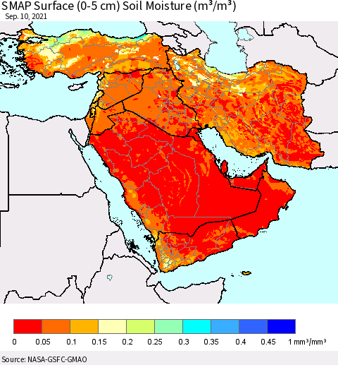 Middle East and Turkey SMAP Surface (0-5 cm) Soil Moisture (m³/m³) Thematic Map For 9/6/2021 - 9/10/2021