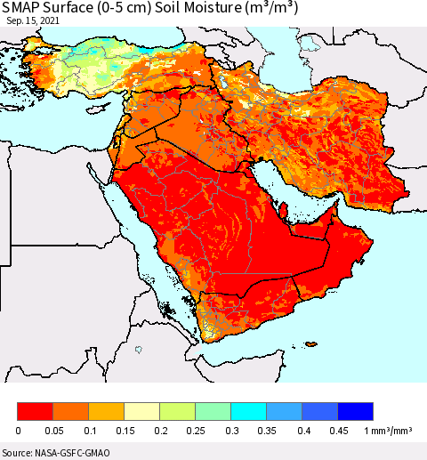 Middle East and Turkey SMAP Surface (0-5 cm) Soil Moisture (m³/m³) Thematic Map For 9/11/2021 - 9/15/2021