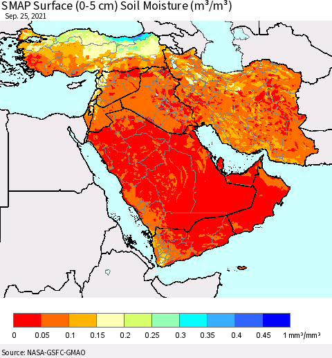 Middle East and Turkey SMAP Surface (0-5 cm) Soil Moisture (m³/m³) Thematic Map For 9/21/2021 - 9/25/2021