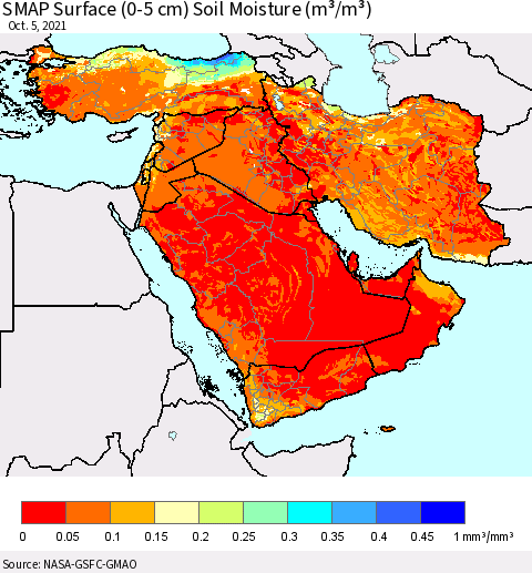 Middle East and Turkey SMAP Surface (0-5 cm) Soil Moisture (m³/m³) Thematic Map For 10/1/2021 - 10/5/2021