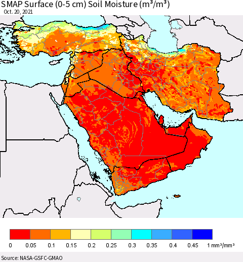 Middle East and Turkey SMAP Surface (0-5 cm) Soil Moisture (m³/m³) Thematic Map For 10/16/2021 - 10/20/2021