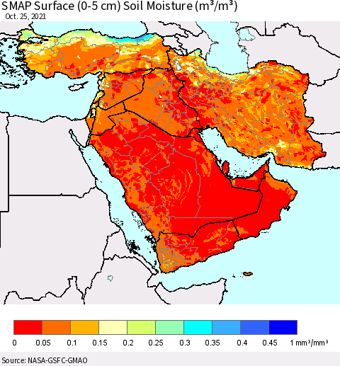 Middle East and Turkey SMAP Surface (0-5 cm) Soil Moisture (m³/m³) Thematic Map For 10/21/2021 - 10/25/2021