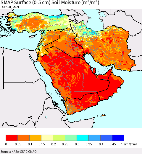 Middle East and Turkey SMAP Surface (0-5 cm) Soil Moisture (m³/m³) Thematic Map For 10/26/2021 - 10/31/2021