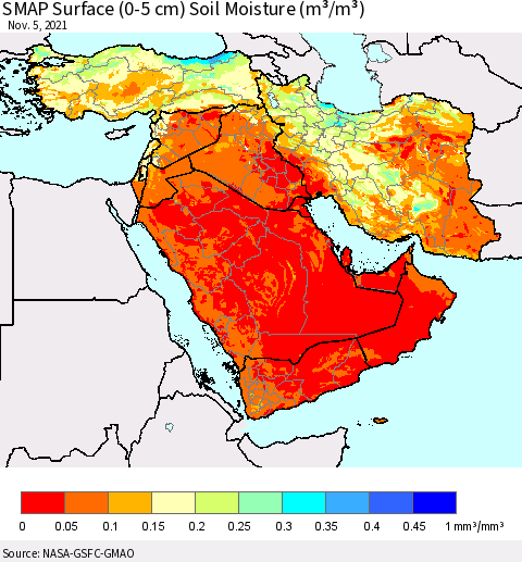 Middle East and Turkey SMAP Surface (0-5 cm) Soil Moisture (m³/m³) Thematic Map For 11/1/2021 - 11/5/2021