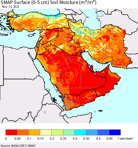 Middle East and Turkey SMAP Surface (0-5 cm) Soil Moisture (m³/m³) Thematic Map For 11/11/2021 - 11/15/2021