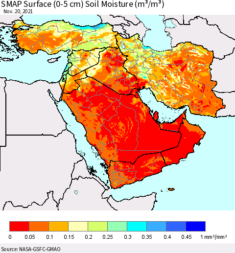 Middle East and Turkey SMAP Surface (0-5 cm) Soil Moisture (m³/m³) Thematic Map For 11/16/2021 - 11/20/2021