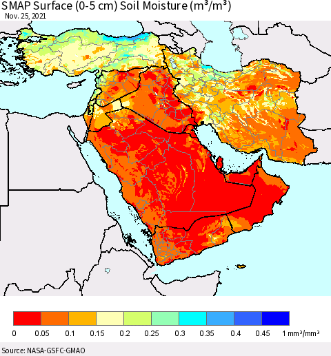 Middle East and Turkey SMAP Surface (0-5 cm) Soil Moisture (m³/m³) Thematic Map For 11/21/2021 - 11/25/2021