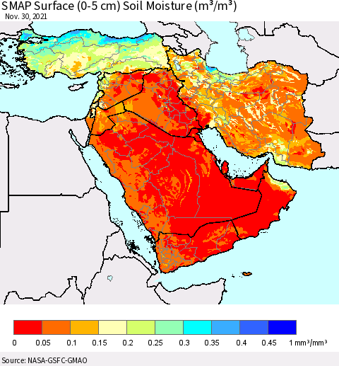Middle East and Turkey SMAP Surface (0-5 cm) Soil Moisture (m³/m³) Thematic Map For 11/26/2021 - 11/30/2021