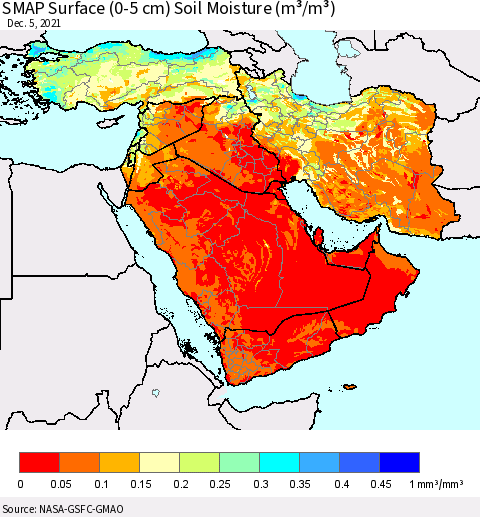 Middle East and Turkey SMAP Surface (0-5 cm) Soil Moisture (m³/m³) Thematic Map For 12/1/2021 - 12/5/2021