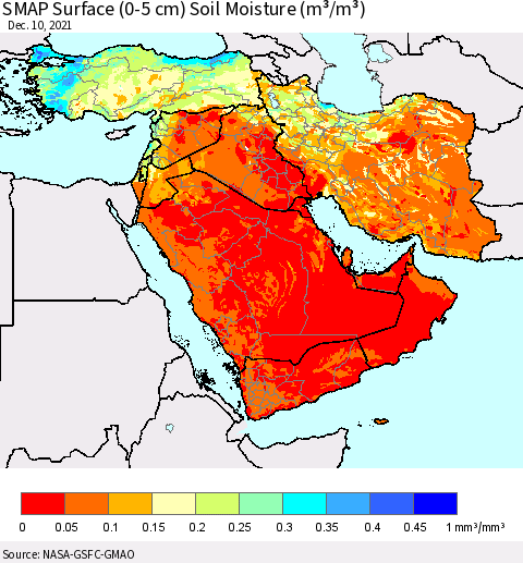 Middle East and Turkey SMAP Surface (0-5 cm) Soil Moisture (m³/m³) Thematic Map For 12/6/2021 - 12/10/2021