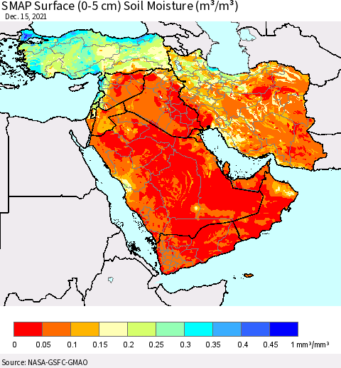 Middle East and Turkey SMAP Surface (0-5 cm) Soil Moisture (m³/m³) Thematic Map For 12/11/2021 - 12/15/2021