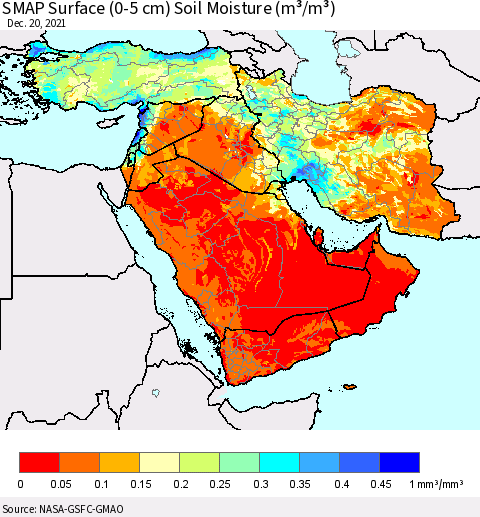 Middle East and Turkey SMAP Surface (0-5 cm) Soil Moisture (m³/m³) Thematic Map For 12/16/2021 - 12/20/2021