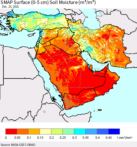 Middle East and Turkey SMAP Surface (0-5 cm) Soil Moisture (m³/m³) Thematic Map For 12/21/2021 - 12/25/2021