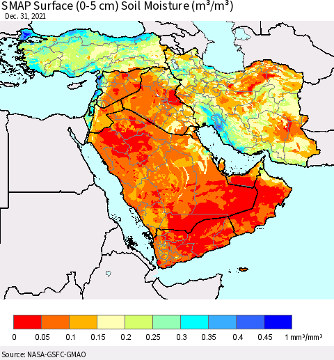 Middle East and Turkey SMAP Surface (0-5 cm) Soil Moisture (m³/m³) Thematic Map For 12/26/2021 - 12/31/2021