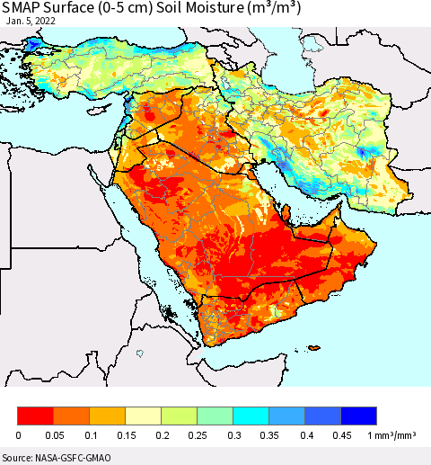 Middle East and Turkey SMAP Surface (0-5 cm) Soil Moisture (m³/m³) Thematic Map For 1/1/2022 - 1/5/2022