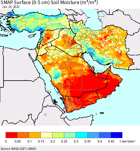 Middle East and Turkey SMAP Surface (0-5 cm) Soil Moisture (m³/m³) Thematic Map For 1/6/2022 - 1/10/2022