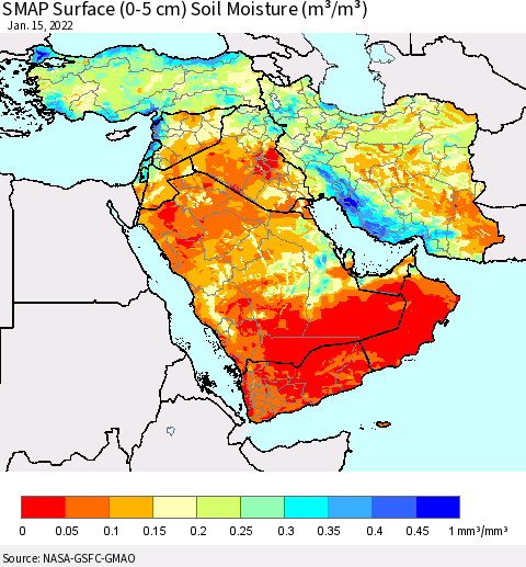 Middle East and Turkey SMAP Surface (0-5 cm) Soil Moisture (m³/m³) Thematic Map For 1/11/2022 - 1/15/2022