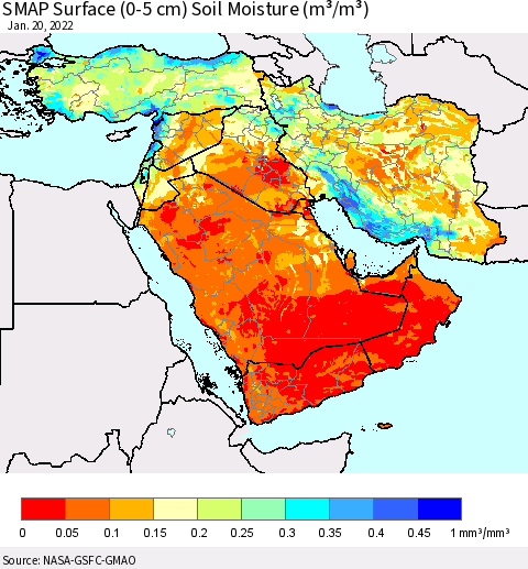 Middle East and Turkey SMAP Surface (0-5 cm) Soil Moisture (m³/m³) Thematic Map For 1/16/2022 - 1/20/2022