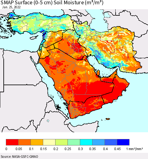 Middle East and Turkey SMAP Surface (0-5 cm) Soil Moisture (m³/m³) Thematic Map For 1/21/2022 - 1/25/2022
