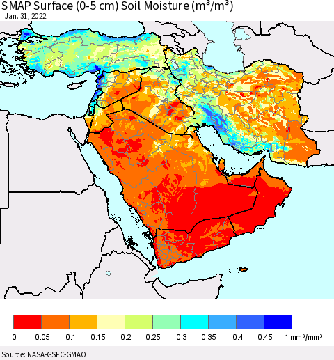 Middle East and Turkey SMAP Surface (0-5 cm) Soil Moisture (m³/m³) Thematic Map For 1/26/2022 - 1/31/2022