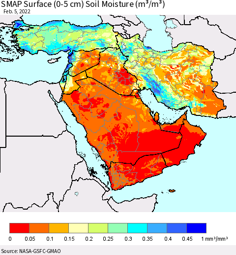 Middle East and Turkey SMAP Surface (0-5 cm) Soil Moisture (m³/m³) Thematic Map For 2/1/2022 - 2/5/2022