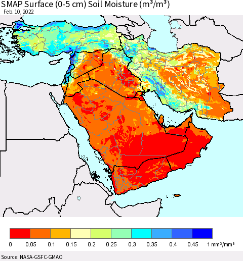 Middle East and Turkey SMAP Surface (0-5 cm) Soil Moisture (m³/m³) Thematic Map For 2/6/2022 - 2/10/2022