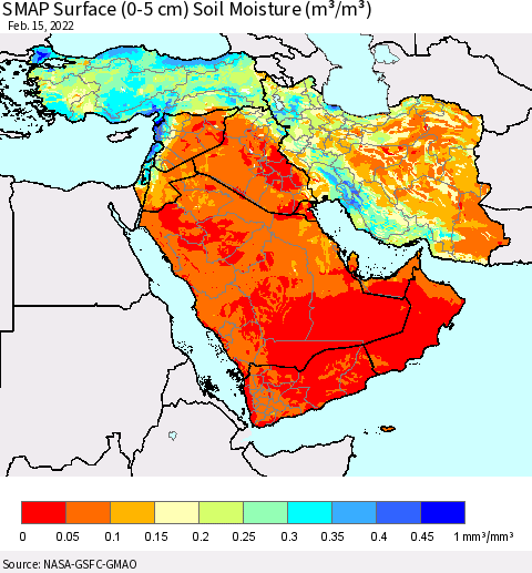 Middle East and Turkey SMAP Surface (0-5 cm) Soil Moisture (m³/m³) Thematic Map For 2/11/2022 - 2/15/2022