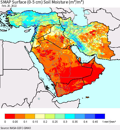 Middle East and Turkey SMAP Surface (0-5 cm) Soil Moisture (m³/m³) Thematic Map For 2/16/2022 - 2/20/2022