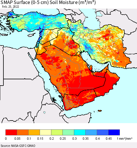 Middle East and Turkey SMAP Surface (0-5 cm) Soil Moisture (m³/m³) Thematic Map For 2/21/2022 - 2/25/2022
