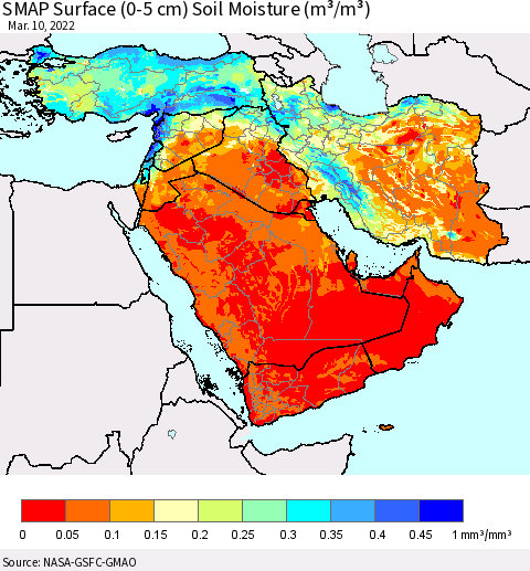 Middle East and Turkey SMAP Surface (0-5 cm) Soil Moisture (m³/m³) Thematic Map For 3/6/2022 - 3/10/2022