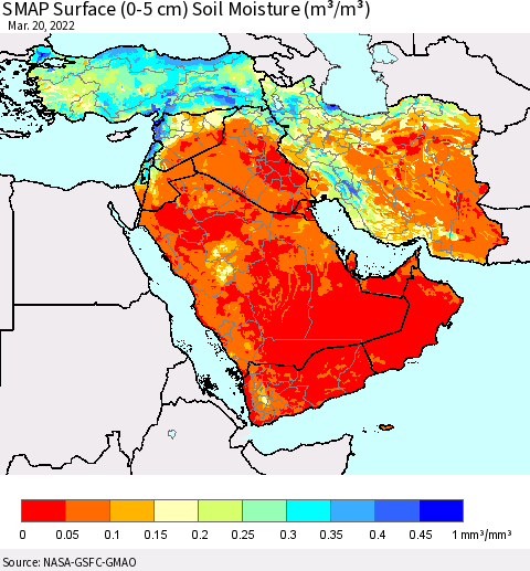 Middle East and Turkey SMAP Surface (0-5 cm) Soil Moisture (m³/m³) Thematic Map For 3/16/2022 - 3/20/2022