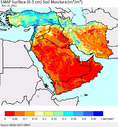 Middle East and Turkey SMAP Surface (0-5 cm) Soil Moisture (m³/m³) Thematic Map For 3/21/2022 - 3/25/2022