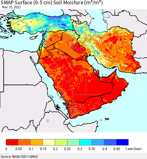 Middle East and Turkey SMAP Surface (0-5 cm) Soil Moisture (m³/m³) Thematic Map For 3/26/2022 - 3/31/2022