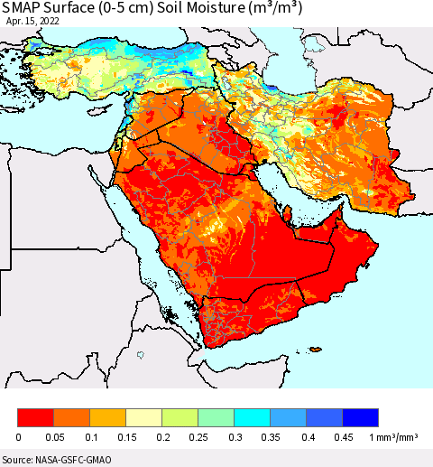 Middle East and Turkey SMAP Surface (0-5 cm) Soil Moisture (m³/m³) Thematic Map For 4/11/2022 - 4/15/2022