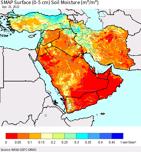 Middle East and Turkey SMAP Surface (0-5 cm) Soil Moisture (m³/m³) Thematic Map For 4/21/2022 - 4/25/2022