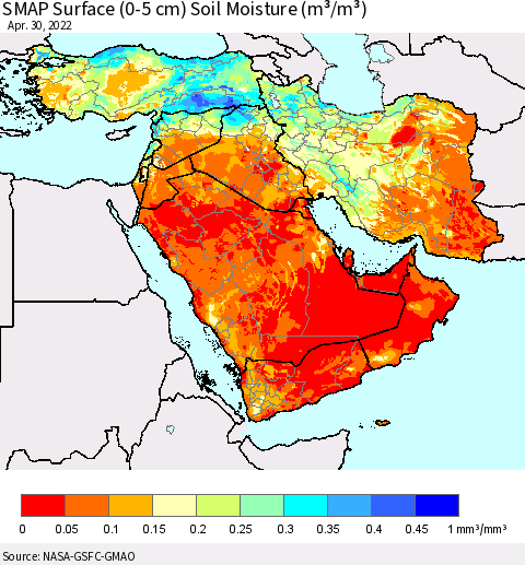 Middle East and Turkey SMAP Surface (0-5 cm) Soil Moisture (m³/m³) Thematic Map For 4/26/2022 - 4/30/2022