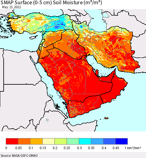 Middle East and Turkey SMAP Surface (0-5 cm) Soil Moisture (m³/m³) Thematic Map For 5/11/2022 - 5/15/2022