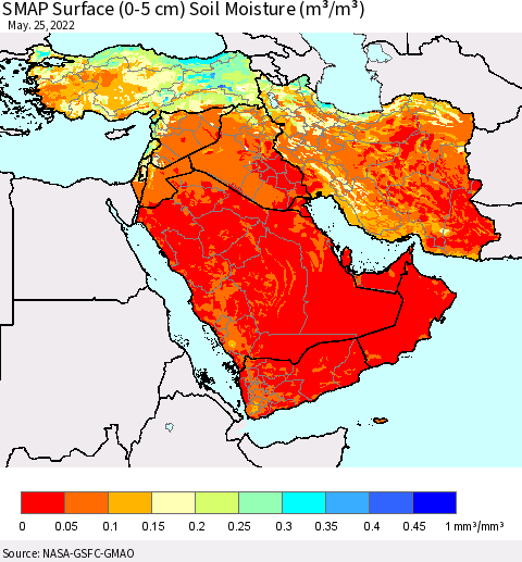 Middle East and Turkey SMAP Surface (0-5 cm) Soil Moisture (m³/m³) Thematic Map For 5/21/2022 - 5/25/2022