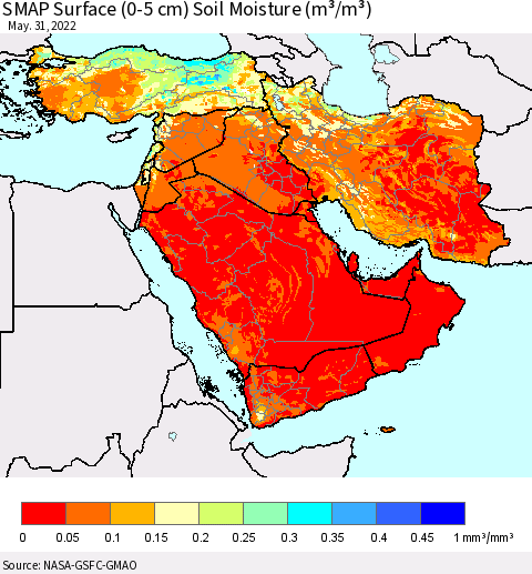 Middle East and Turkey SMAP Surface (0-5 cm) Soil Moisture (m³/m³) Thematic Map For 5/26/2022 - 5/31/2022