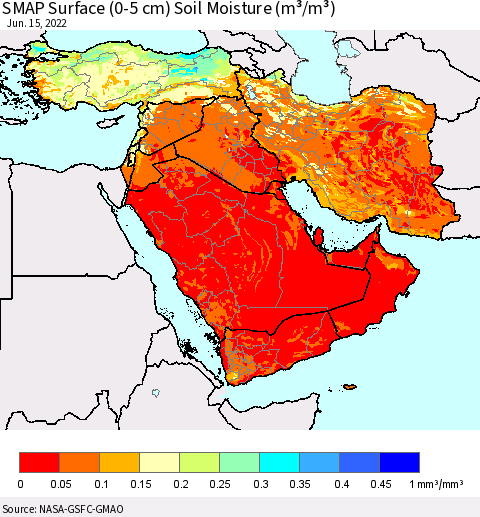Middle East and Turkey SMAP Surface (0-5 cm) Soil Moisture (m³/m³) Thematic Map For 6/11/2022 - 6/15/2022